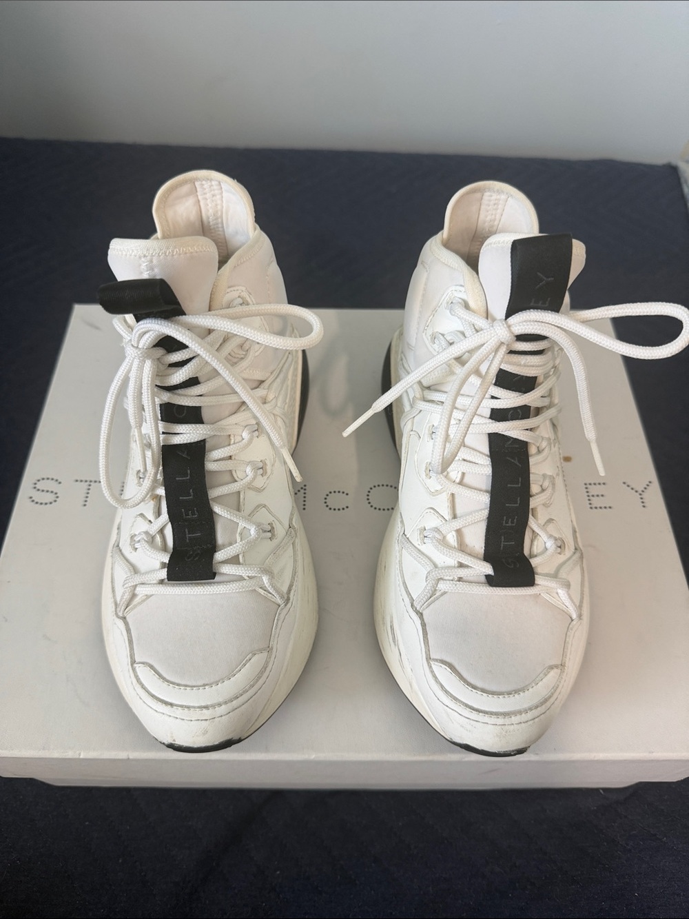 Stella McCartney White Platform Lace-Up Sneakers with Black Pull Tabs